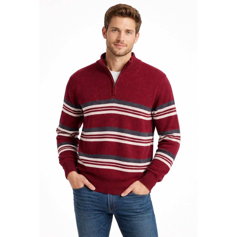 Chaps‎ Mens Quarter Zip Pullover Sweater Size XL Red Stripe Cotton Knit Preppy